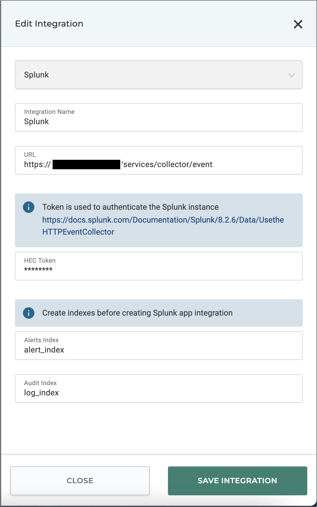 Figure 2: Alkira Portal - Splunk Integration Configuration