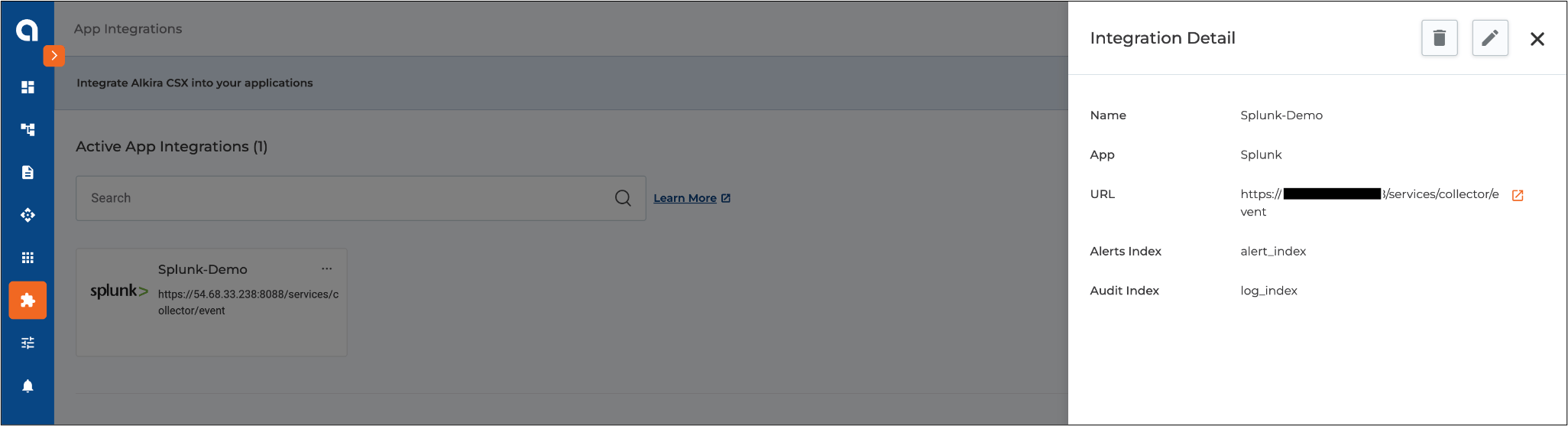 Alkira Portal showing Splunk Integration