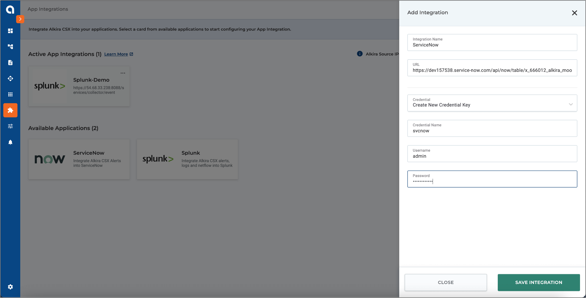 Alkira Portal showing ServiceNow Integration