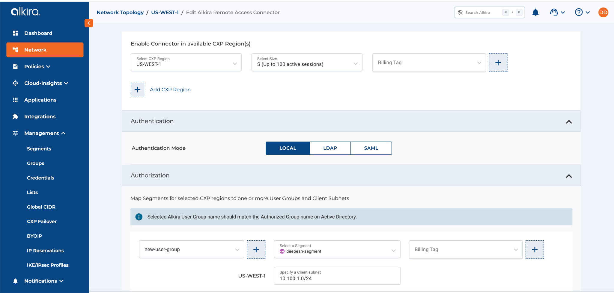 Alkira Portal showing Configuration for Remote Access Connector