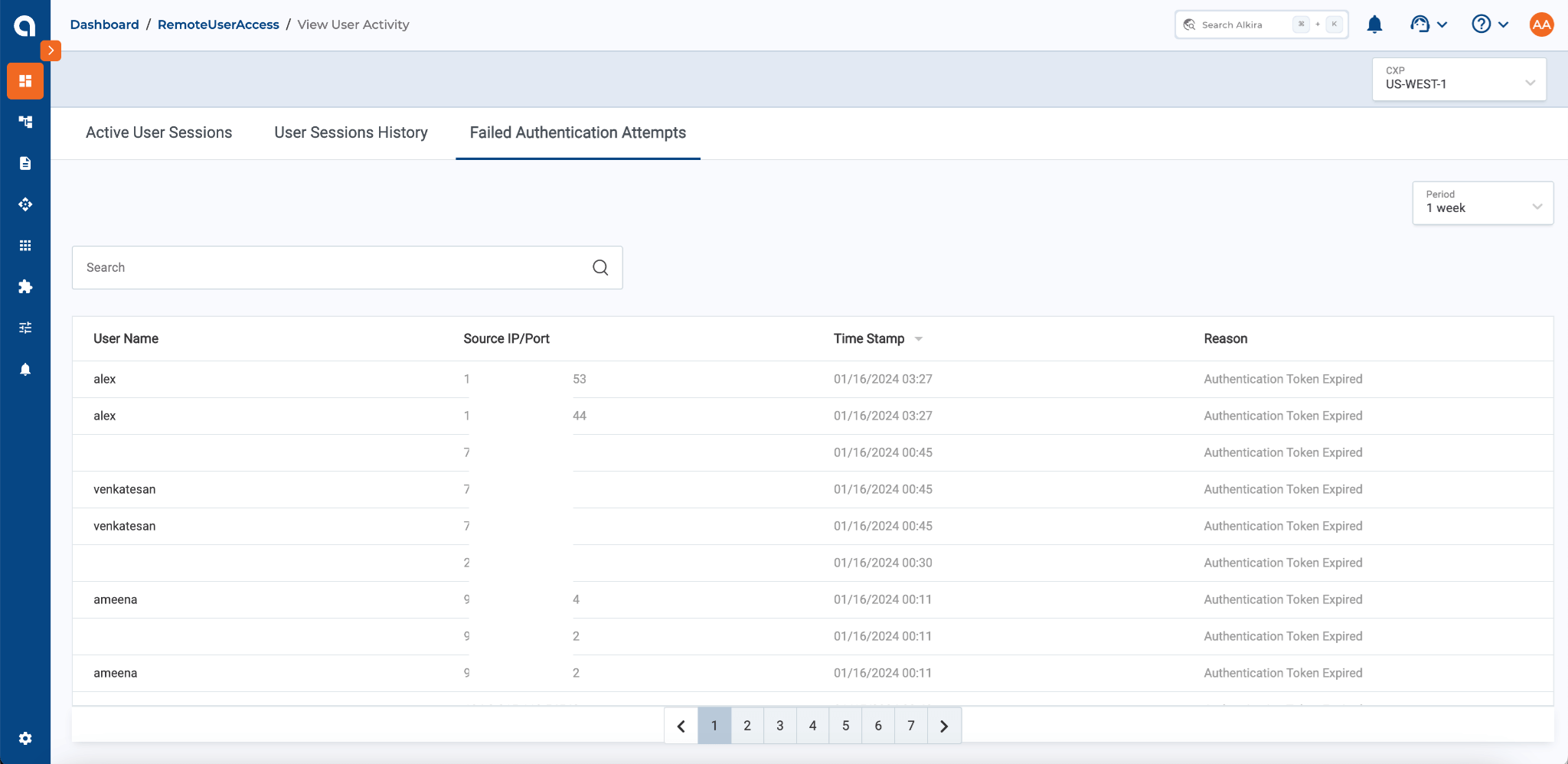 Alkira Portal showing Failed Authentication Attempts